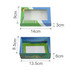 A custom gift box featuring a windowed removable lid, decorated with green and blue designs, measuring 14cm by 9cm.