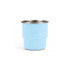 A stainless steel round bottom camping mug in light blue with a silver rim and a logo on the surface.