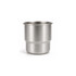 A stainless steel camping mug with a round bottom, featuring a brushed metallic finish and a simple design.