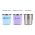 A collection of three 250ML stainless steel camping mugs in blue, purple, and silver, featuring different printing styles.