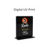 A black acrylic menu stand featuring a logo and a base for stability. Suitable for displaying menus or information.