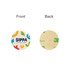 A colourful circular sticker featuring playful designs and a logo, with a smooth adhesive back.