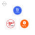 Three square stickers featuring circular designs in blue, red, and orange, with logos and NFC symbols.