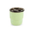 A green 220ml double wall stainless steel camping mug with a lid and a metal opening mechanism.