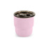 A pink double wall stainless steel camping mug with a dark lid. It features a rounded bottom and a sleek design.