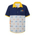 A short-sleeved, navy and white Hawaiian shirt with a yellow collar, featuring a logo and colourful patterns.