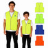 Hi-Vis reflective trim safety vests in yellow, green, and blue, displayed on adults and children. Includes a logo.