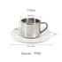 A stainless steel coffee mug with a mirror finish, accompanied by a white saucer. Features dimensions and a handle.