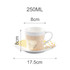 A ceramic coffee mug with a mirror reflection design, featuring yellow and white stripes, plus an accompanying saucer.