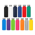 A drink bottle collection featuring various colours including black, white, navy, red, green, purple, orange, pink, and silver, with metal caps.