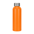 A drink bottle in vibrant orange with a stainless steel cap and a smooth finish. It features a logo.