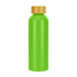A drink bottle in vibrant green with a wooden lid, featuring a logo on the side.