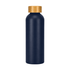 A drink bottle made from recycled aluminium in dark navy with a gold cap and a logo.