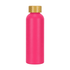 A drink bottle in vibrant pink with a gold cap and a logo displayed on its surface.