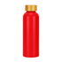 A drink bottle in bright red with a gold cap. Features a logo on the surface.