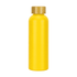 A drink bottle in vibrant yellow with a gold cap, featuring a logo on its surface.
