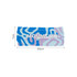 A polyester spandex sport headband in blue and lavender with a abstract pattern and a logo. Measures 24cm by 7cm.