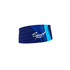 A blue and navy headband featuring a breathable mesh design and a logo.