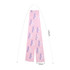 A pink chiffon long scarf with floral patterns and a logo, measuring 145cm by 12cm.