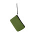 A green neoprene cosmetic bag with a handle, featuring a black zipper and a small logo.