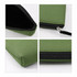 A neoprene cosmetic bag in green with a zipped closure and handle. It features a smooth finish and a black interior.
