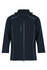 A navy blue jacket featuring a zip front, multiple pockets, and contrasting grey seams. It has a logo on it.