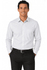 A long-sleeve men's shirt in white, featuring a chest pocket and a logo, worn by a man with hands in pockets.