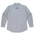 A long-sleeve button-up shirt in light blue and white stripes, featuring a chest pocket and a branded logo.