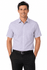 A short sleeve men's shirt in light purple, featuring a button front and a chest pocket, with a logo.