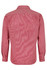 A long-sleeve button-up shirt in a red and white striped pattern, featuring a collar and a logo.