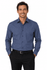 A long-sleeve men's shirt in navy blue with a button-up design and a single chest pocket. Features branding.