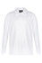 A long-sleeved white polo shirt featuring a collar and a buttoned placket. It includes a logo on the upper side.