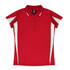 A red polo shirt with white side panels and a collar, featuring short sleeves and a logo.