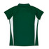 A green polo shirt with white side panels and a short collar, featuring a logo on the back.