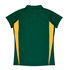 A green polo shirt featuring yellow side panels and a collar. Includes a branded logo.
