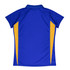 A blue polo shirt with yellow side panels, featuring a collar and a logo.
