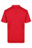 A red polo shirt featuring a collar and short sleeves, with a logo on the back.