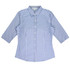 A button-up shirt featuring a blue and white gingham pattern with 3/4 sleeves and a collar. It has a logo.