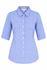 A blue and white checkered button-up shirt with 3/4 sleeves and a collar, featuring a logo.
