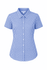 A short-sleeve ladies' shirt in a blue and white checked pattern with a collar and buttons, featuring a logo.