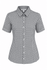A short-sleeve button-up shirt in a black and white gingham pattern with a collar and a logo.