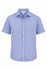 A short-sleeve button-up shirt in a blue and white checkered pattern with a collar and branded logo.