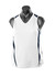A sleeveless white singlet with navy accents and a logo, displayed on a black mannequin.
