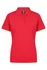 A red polo shirt with a collar and button placket, featuring a logo on the label.