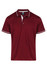A maroon polo shirt featuring a white collar and sleeve trims, with a logo on the chest.