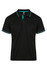 A black polo shirt with teal accents and a collar. It features a logo on the upper side.