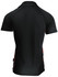 A black polo shirt with short sleeves and contrasting red side detailing, featuring a logo on the front.