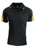 A black polo shirt with yellow accents, featuring a collar and a logo.