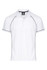 A white polo shirt featuring black piping and a logo at the collar. Short-sleeved design.