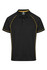 A black polo shirt with yellow accents and a logo on the chest. Short-sleeved design, featuring a classic collar.